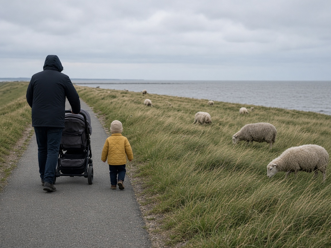 Familie auf einem Deichweg an der Nordsee, Kleinkind läuft neben dem Wagen
